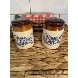 "Home Sweet‎ Home" Earthenware Brown Blue Salt & Pepper Shakers Ceramic Crock